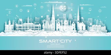 Technology wireless network communication smart city 5G with icon in Austria downtown skyscraper on blue background, Vector illustration futuristic gr Stock Vector