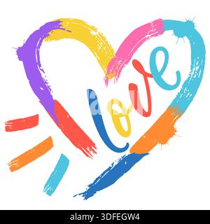 Vibrant watercolor contour heart with word love inside. Vector hand painted illustration. Bright romantic design for Valentines Day cards, love themes Stock Vector