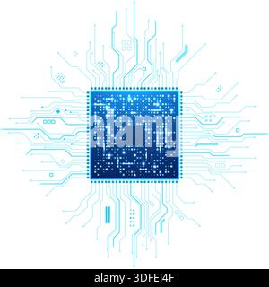 Isolated microchip with luminous wiring on a transparent backdrop. High-tech processor featuring glowing blue electronic pathways and intricate hardwa Stock Vector