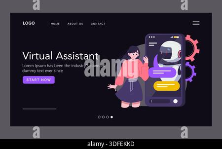 Creative vector illustration of a virtual assistant website homepage featuring a human interacting with a robot on a smartphone screen. The design highlights AI technology concepts. Stock Vector