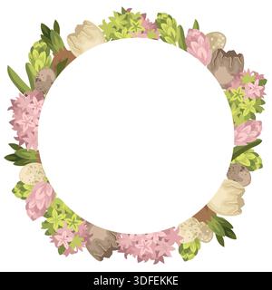 Hand-drawn Easter spring frame template made of bird eggs and eggshell, hyacinth blooming flowers and buns and bulb and leaves Stock Vector