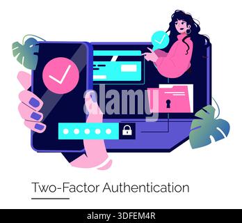 Two-Factor Authentication vector illustration depicting a person using a device for security verification. Highlighting secure online transactions with digital technology and mobile verification. Stock Vector