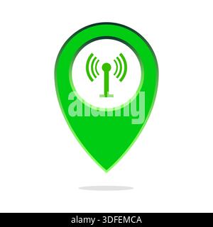 Wi Fi signal pin. Wireless network symbol. Green locator vector. Internet map icon. Stock Vector