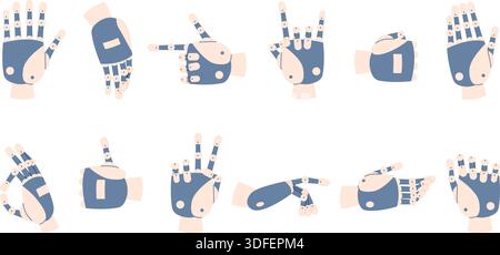 Robot hands. Robotic hand different positions and gestures. Technology arms for handshake, pointing, counting. Futuristic medical prosthesis, recent Stock Vector
