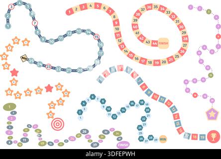 Board game routes templates. Step by step moving for game with gradual progression. Star, rounds, octagon paths with numbers, recent vector set Stock Vector