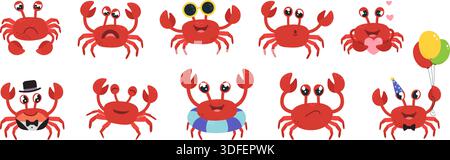 Cartoon cute crabs. Crab in love, with balloons, wear sunglasses and ready to swim. Funny underwater characters various emotions, animals classy Stock Vector