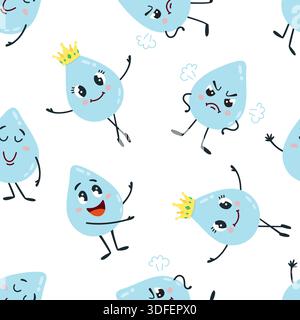 Cartoon drops seamless pattern. Water drop, different funny blue liquid characters. Print for fabric textile, wrapping, wallpaper, classy vector Stock Vector