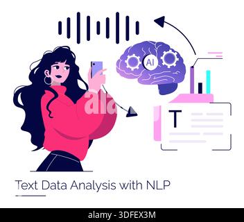 Vector illustration showing a person engaging with AI-powered text data analysis using a smartphone. The image highlights natural language processing concepts involving AI and technology. Stock Vector