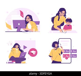 Vector illustration showcasing diverse educational activities like tutoring, online learning, and test preparation, highlighting interactions between learners and educators in digital settings. Stock Vector