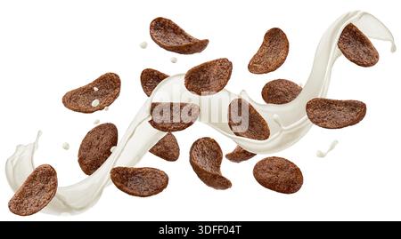 Falling chocolate corn flakes with milk splash isolated on white background with clipping path Stock Photo