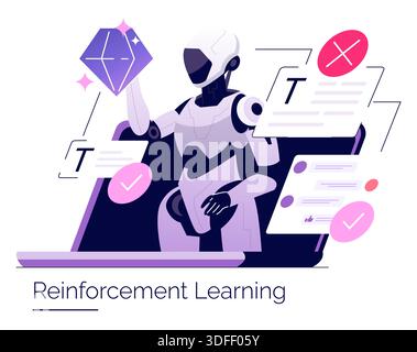 Vector illustration of a robot showcasing reinforcement learning concept. The robot interacts with abstract icons and graphics, symbolizing AI decision-making and data processing techniques. Stock Vector