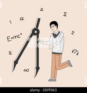 A man is holding a ruler and standing in front of a formulas. Stock Vector