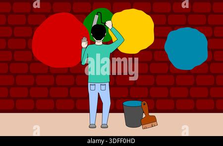 A man is painting a wall with a brush and a bucket. The wall is red and yellow Stock Vector