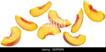 Falling peach slices isolated on white background with clipping path, falling fresh nectarine pieces Stock Photo