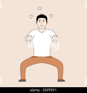 A man is punching the air in a cartoonish way. He is wearing a white shirt and brown pants Stock Vector