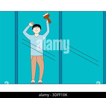 A man is cleaning a window with a squeegee. He is smiling and he is enjoying the task Stock Vector