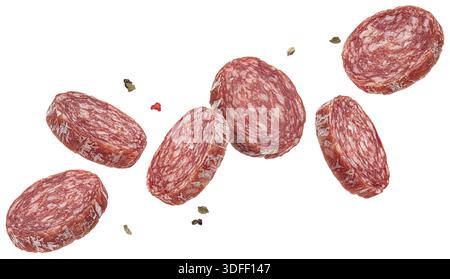 Falling slices of traditional salami sausage isolated on white background with clipping path Stock Photo