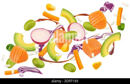 Falling salmon salad isolated on white background Stock Photo