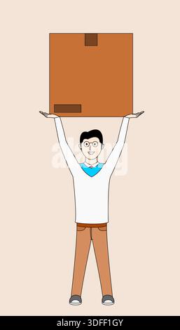 A man is holding a box in his hands. He is smiling and he is happy. Concept of accomplishment or satisfaction, as the man is lifting the box with ease Stock Vector