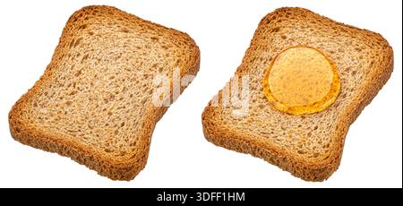 Bread rusk with maple syrup, crusty wholemeal toast slice with honey isolated on white background Stock Photo