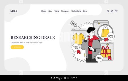 Vector illustration of a person using a smartphone to research online deals with sales icons like clothes, gift boxes, and shopping bags showing discount percentages. Stock Vector