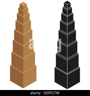Isometric cube tower set. 3D block stack column. Brown and black geometric construction. Progress and growth concept. EPS 10. Stock Vector