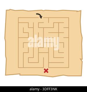 Treasure map labyrinth with simple maze puzzle. Vector treasure map illustration for childrens educational worksheets, pirate themed party games Stock Vector