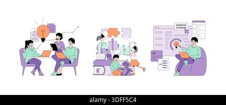 Vector illustration depicting teamwork and problem-solving. People engage in brainstorming, assembling puzzles, and discussing ideas, highlighting collaboration, creativity, and shared goals in a tech-focused setting. Stock Vector