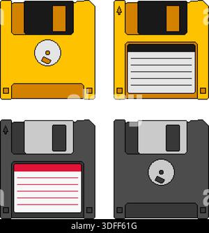 Pixel art floppy disk collection. Black and yellow diskettes front and back views Stock Vector
