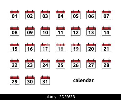 Calendar date icons set from 1 to 31. Clean flat design monthly calendar illustration, perfect for apps, planners, UI, scheduling, reminders, and time Stock Vector