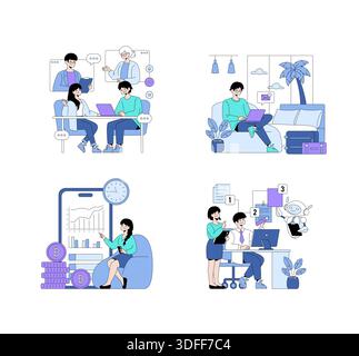 Vector illustration set showcasing various digital collaboration scenes. Includes remote work from home, online meetings, cryptocurrency analysis, and teamwork with AI assistance. Stock Vector
