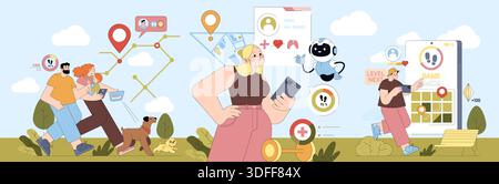 Vector illustration showcasing a family engaging with technology while walking outside. A woman uses a smartphone, while children interact with a robot. Illustrates modern life and digital connectivity. Stock Vector