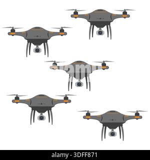 Set of five drones with action camera in flat style on white background Stock Vector