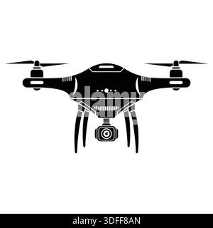 Black and white drone with action camera on white background. Silhouette of drone with action camera Stock Vector