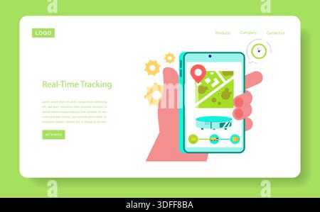 Vector illustration of a mobile interface showcasing real-time tracking. The image highlights a hand holding a smartphone displaying a map with location markers, emphasizing navigation. Stock Vector