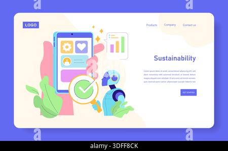 Vector illustration of a robot interacting with a mobile interface displaying sustainability metrics. Focus on technology and environmental themes with digital and futuristic elements. Stock Vector
