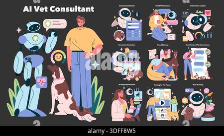AI Vet Consultant concept. This illustration portrays a futuristic veterinary consultation featuring an AI assistant and a pet owner. It highlights various services such as first aid help, vaccination reminders, and virtual checkups, emphasizing technology for enhanced pet care. Vector illustration. Stock Vector