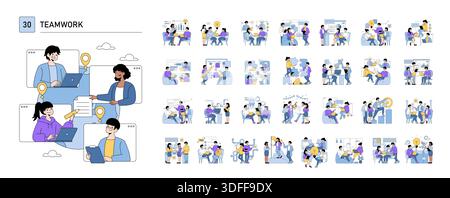 Vector illustration depicting team members collaborating on projects using laptops and devices. Various scenes show people interacting, brainstorming, and working together on tasks. Stock Vector