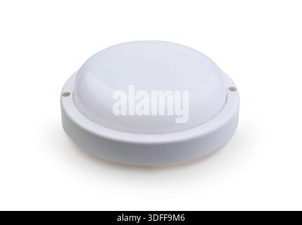 New plastic white ceiling light isolated on white. Stock Photo