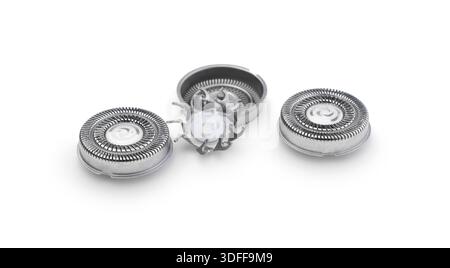 Replacement heads for electric rotary shavers isolated on white. Stock Photo