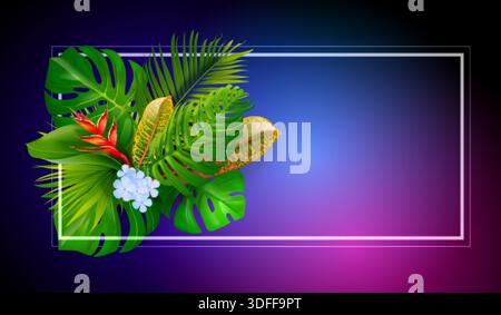 Exotic leaves neon background. Realistic monstera tropical leaf black luxury banner, hawaiian dark jungle palm leafs floral nature beauty or disco party frame vector illustration original artwork Stock Vector