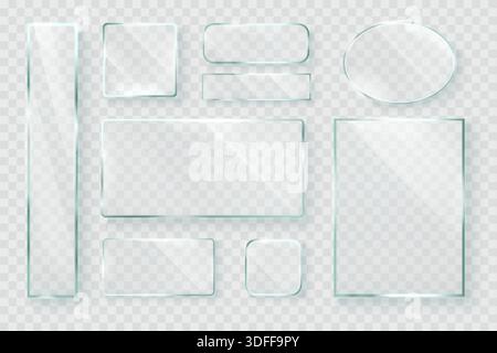 Realistic glass frames. 3d transparent glasses frame square circle shape, clear window or screen glow light shine effect crystal plaque plate oval button, exact vector illustration original artwork Stock Vector