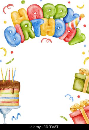 Vertical Happy Birthday watercolor frame, template for greeting card, colorful gifts, congratulation lettering, cake and confetti. Hand drawn cute bor Stock Photo