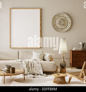 A neutral living room interior featuring a mock-up poster frame with wooden furniture and soft natural light, perfect for modern living room presentat Stock Photo