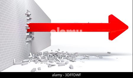Red arrow breaking brick wall 3d success concept Stock Photo