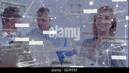 Discussing three staff reviewing papers at meeting desk, woman wearing blazer, laptop, AR overlay Stock Photo