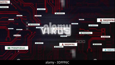 Displaying central glitchy VIRUS label with floating ID tags and red circuit traces in HUD Stock Photo