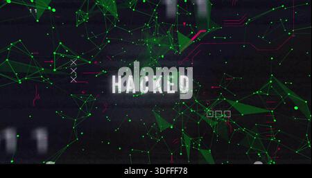 Displaying centered white HACKED text on dark display, showing neon nodes, green lines, scanlines Stock Photo