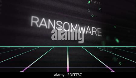 Displaying white RANSOMWARE text hovering over neon grid floor in cyber terminal, with scanlines Stock Photo
