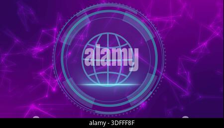 Glowing stylized cyan globe icon rotating within concentric HUD rings in digital interface, network Stock Photo